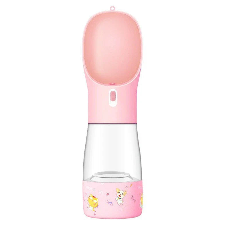 Portable pet water bottle and food bowl made of durable plastic, available in multiple colors for outdoor adventures with your furry friend.