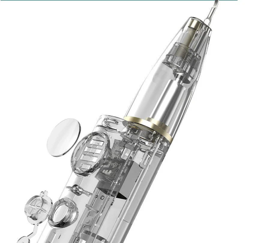 Close-up view of the high-powered dental cleaning tool with visual assistance and stainless steel construction