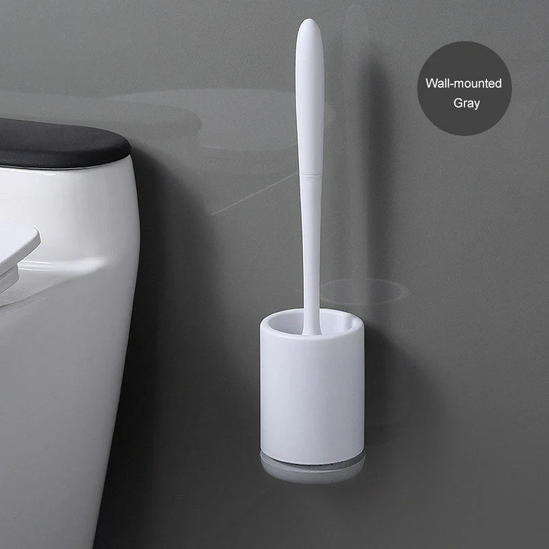 High-quality toilet brush with soft, decontaminated TPR bristles, ergonomic handle, and versatile floor-standing or wall-mounted design.