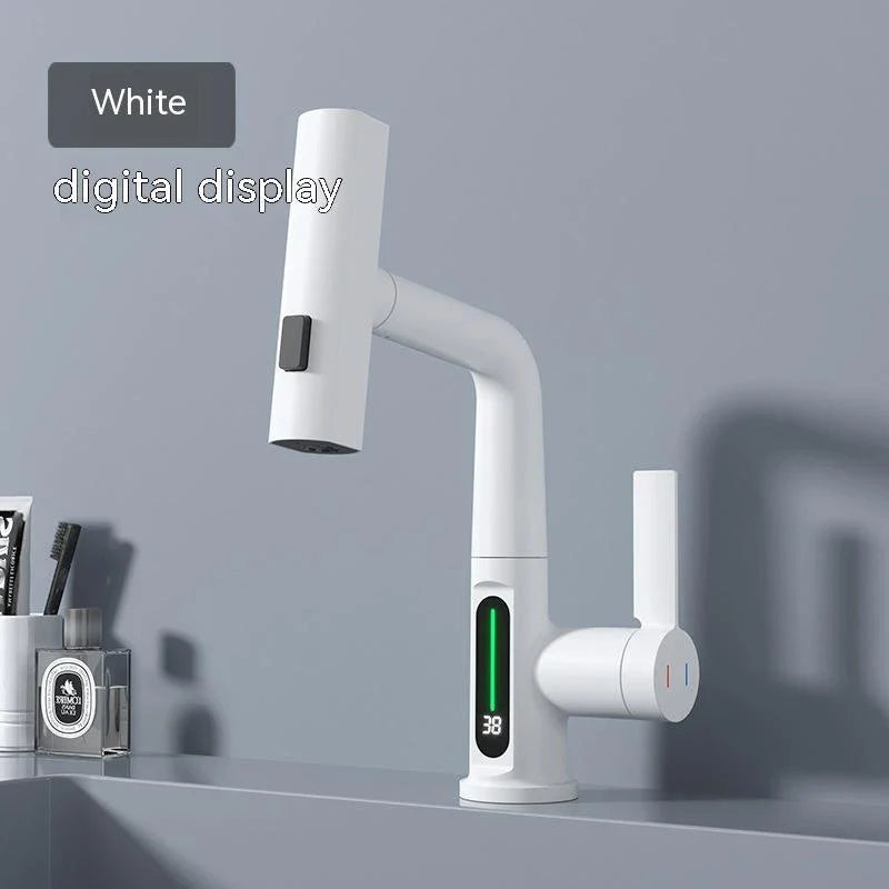 Versatile digital kitchen faucet with temperature display, 360-degree swivel, and pull-out design for enhanced maneuverability and precise water temperature control