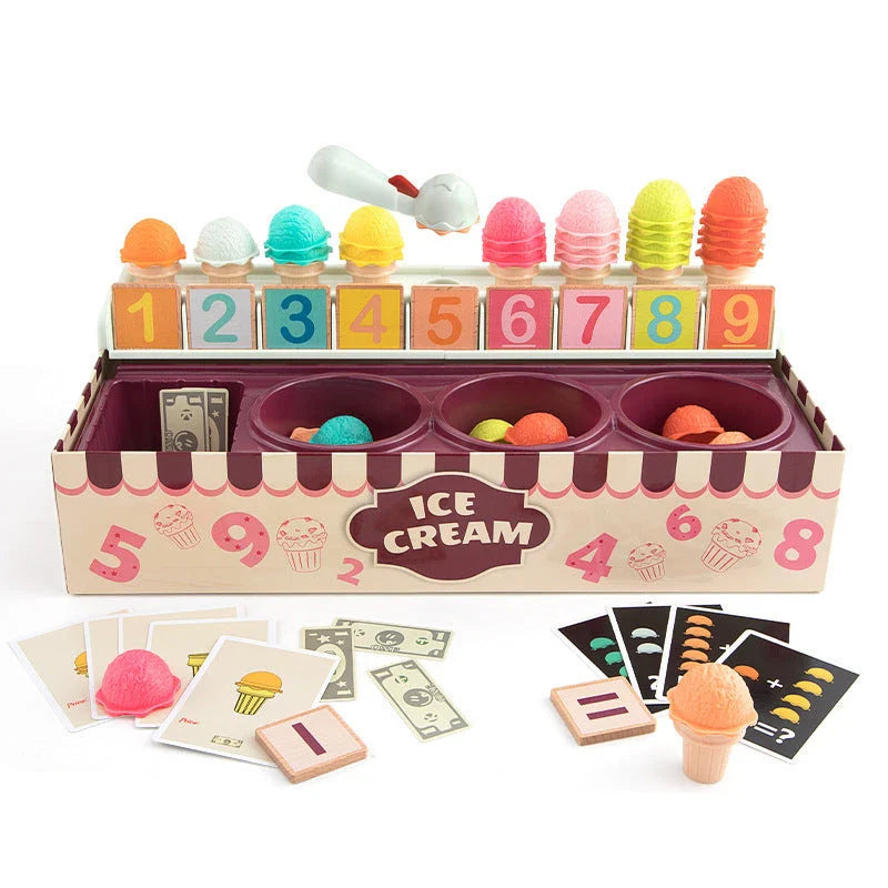 Colorful wooden ice cream kitchen playset with scoops, cash register, and menu cards for educational and imaginative play