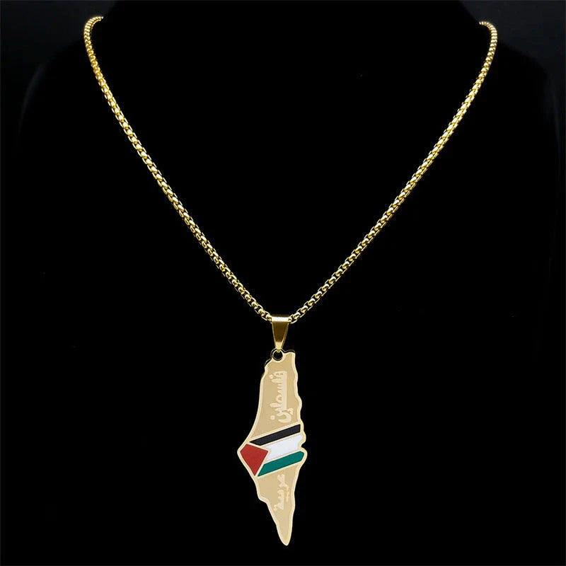 Stainless steel Israel and Palestine map pendant necklace in gold and silver colors