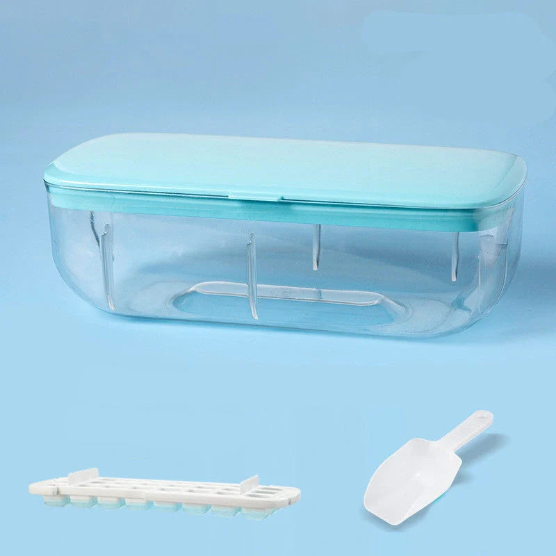 Quick demould ice cube tray set with storage box in yellow, blue, and pink
