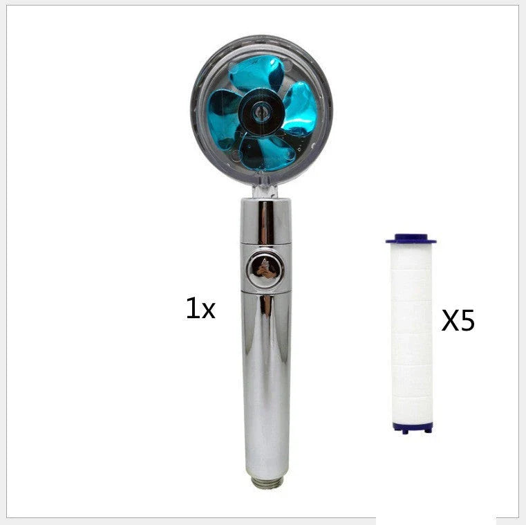A high-pressure shower head with a stop button, cotton filter, and powerful water pressure for a luxurious bathing experience.