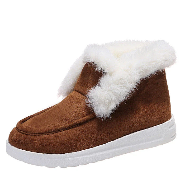 Warm plush ankle boots with suede uppers and artificial fur lining, available in black, grey, and brown colors.