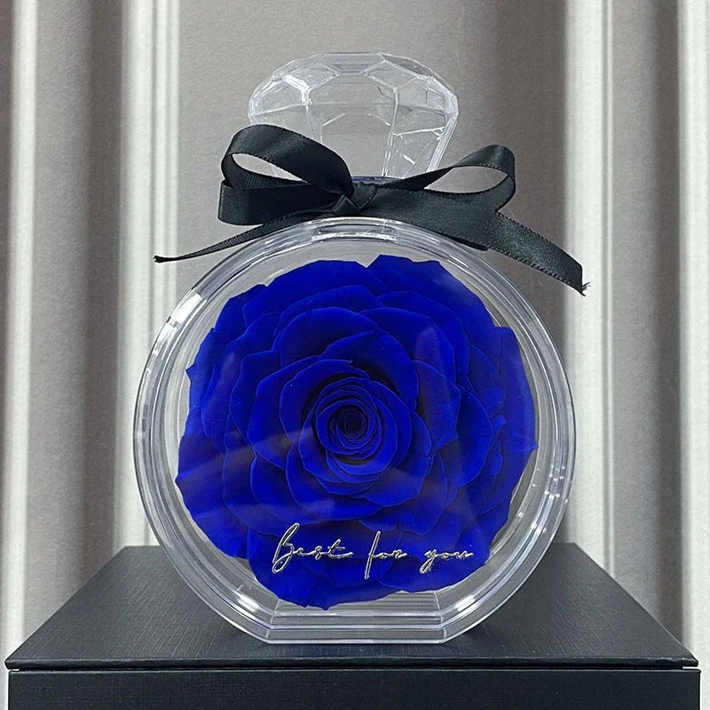 Preserved Rose Flower Ornaments in various colors, including red, pink, plum, and sapphire blue, displayed in a stylish gift box.