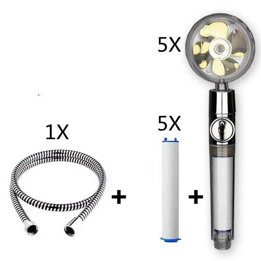 A high-pressure shower head with a stop button, cotton filter, and powerful water pressure for a luxurious bathing experience.