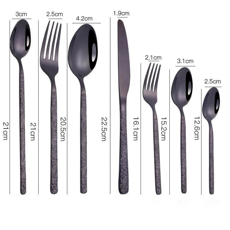 Premium steak cutlery set with embossed textured handles, made of durable stainless steel for a refined dining experience.