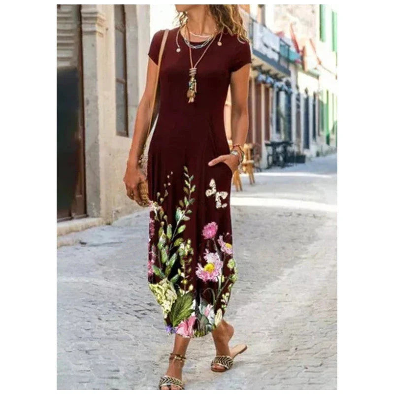 Stylish, printed midi dress with pockets, available in a variety of colours and sizes