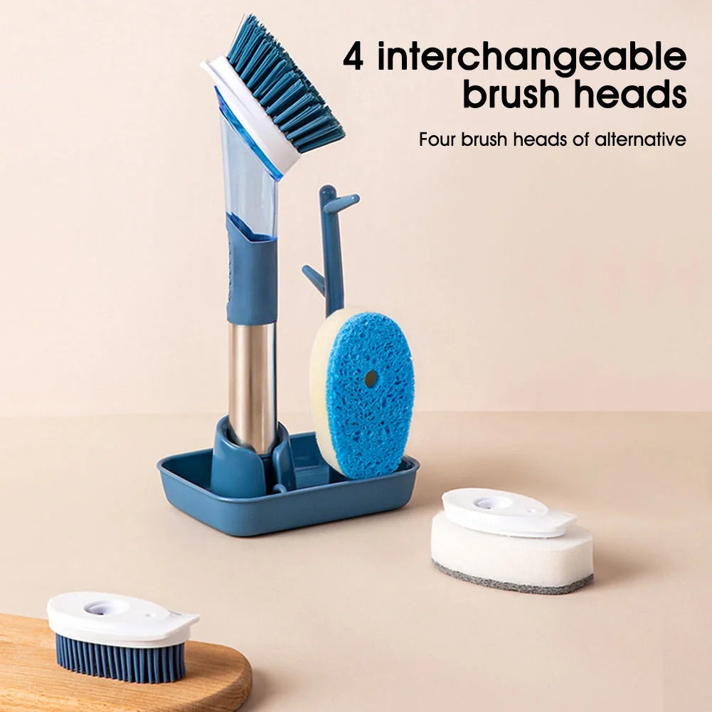 Multifunctional dish brush with soap dispenser and non-slip grip for efficient kitchen cleaning