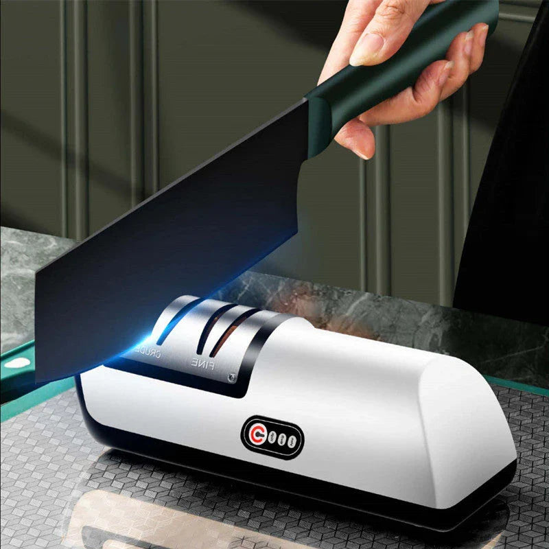 Premium electric knife sharpener with clear, soft-touch surface and precision grinding design for effortless blade sharpening