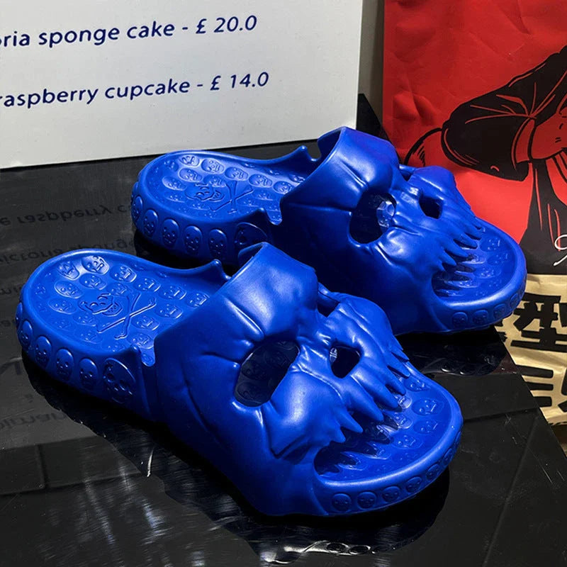 Spooky skull-designed slippers in various colors and sizes for indoor, outdoor, and beach wear