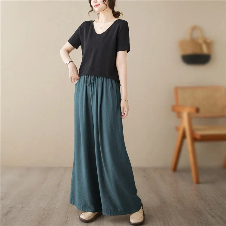 Stylish plus size wide leg straight casual trousers in black, light khaki, and blue green