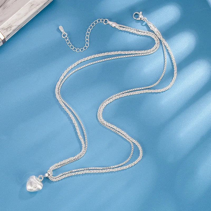 Double layer brushed heart pendant necklace with water wave chain for women