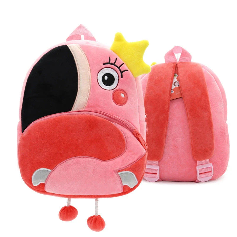 Adorable plush backpacks featuring various animal designs, perfect for primary school children