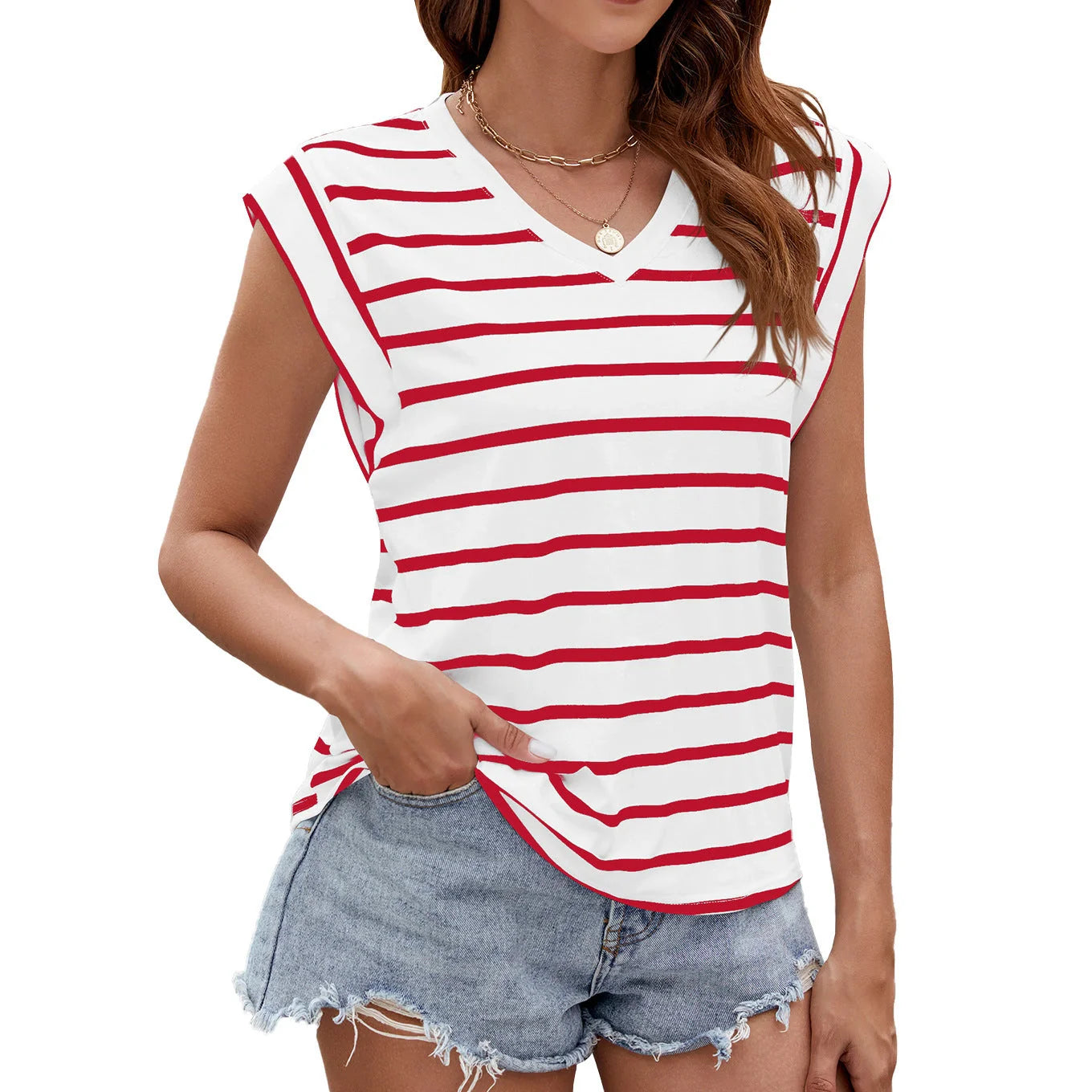 Women's summer V-neck short-sleeved T-shirt in stripe print