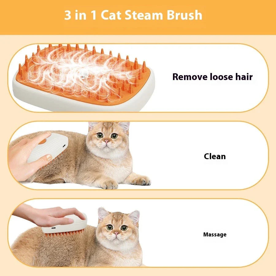 USB Rechargeable Pet Grooming Brush with Gentle Steam, Massage, and Detangling Functions for Cats