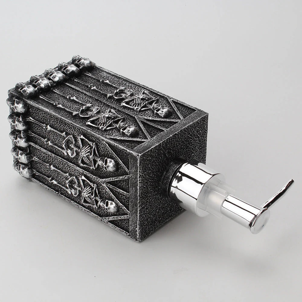 Stylish skull-shaped hand sanitizer dispenser made of premium resin with a large 460ml capacity for convenient hygiene on the go