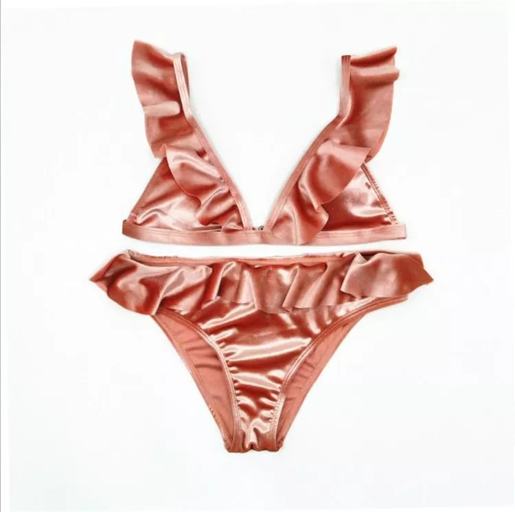 Women's Ice Velvet Ruffle Bikini Set in various colours with chest pad