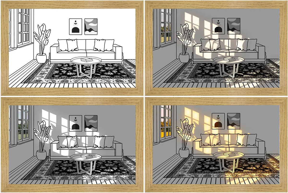 Illuminating LED picture light with customizable lighting modes, showcasing various nature scenes and cityscapes