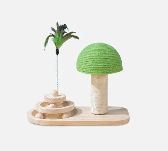 Solid wood cat furniture with scratch post and interactive ball toy for active play and relaxation