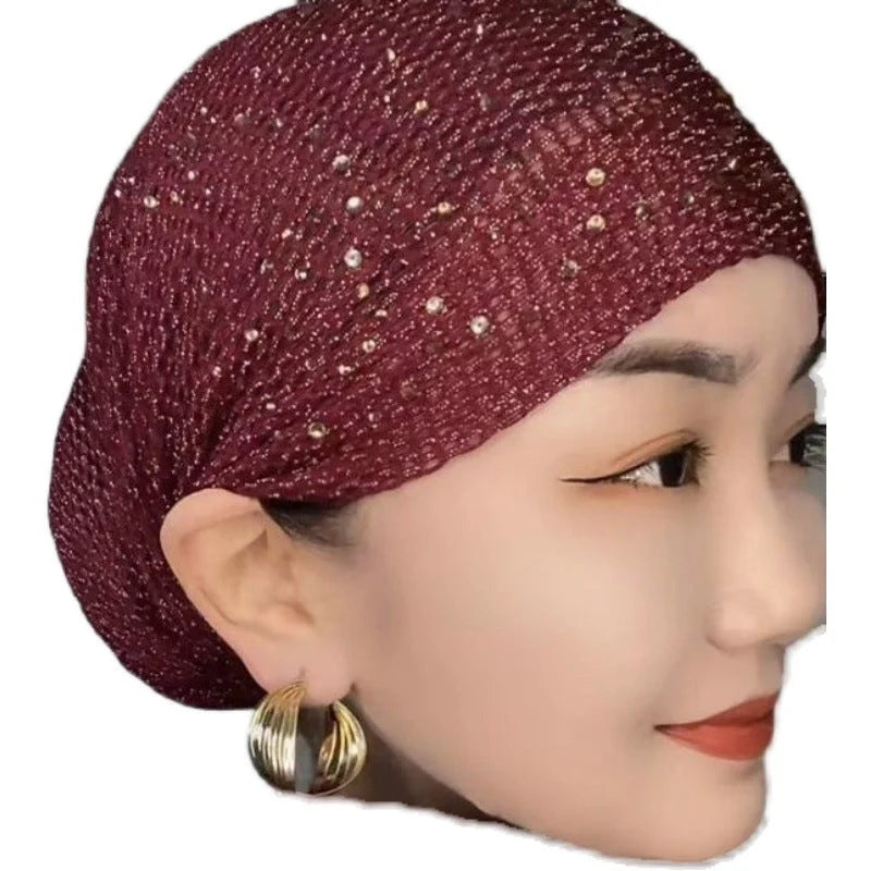 Stylish knitted beanie with elegant hot drilling pattern in various colours, including black, grey, wine red, ancient purple, and deep khaki