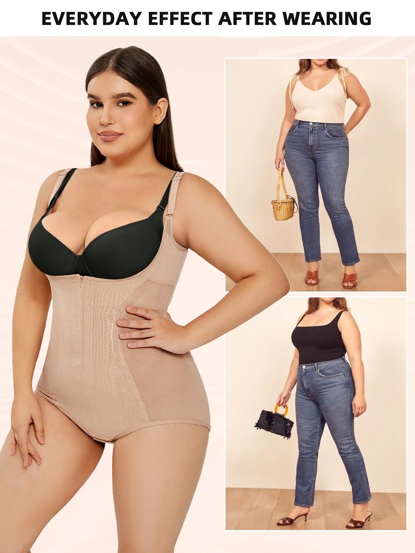 Women's slimming shapewear bodysuit in black and apricot for tummy control and a smooth silhouette.