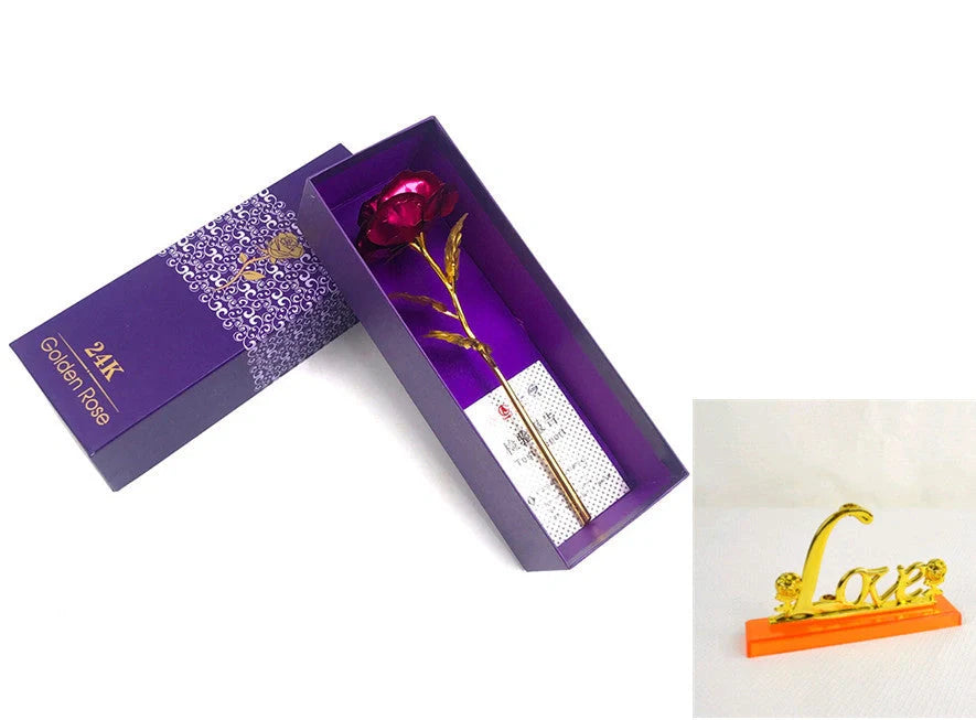 A luxurious 24K gold-plated rose flower bouquet set with a gift box and tote bag