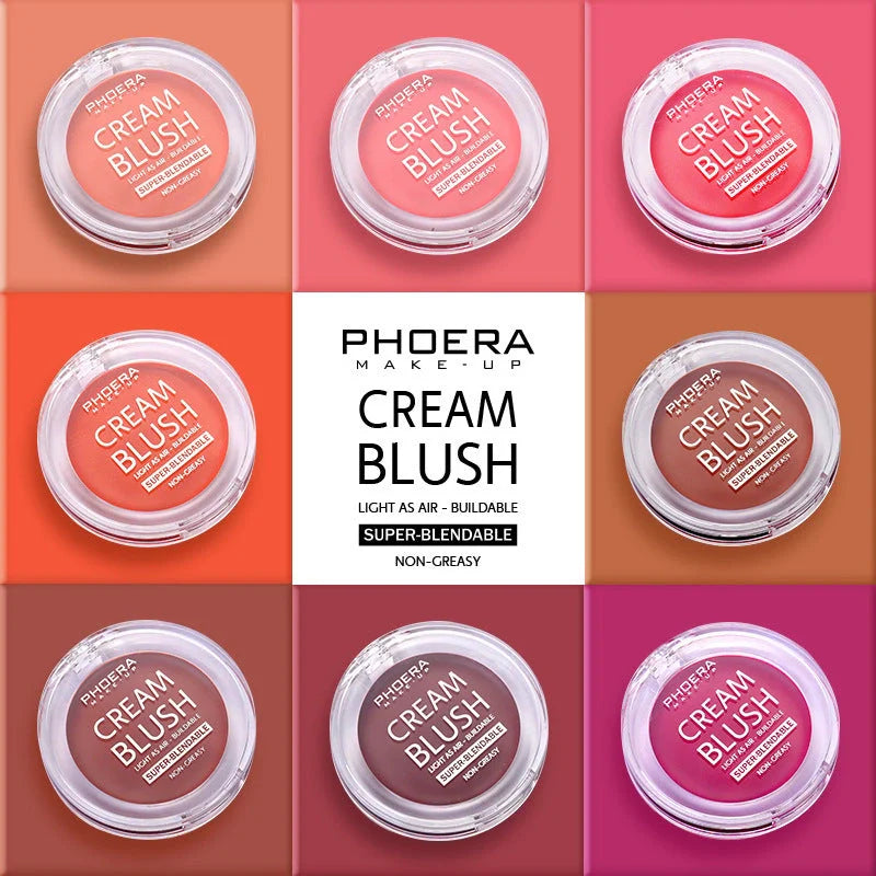 PHOERA Brightening Blush Cream in a variety of vibrant shades, delivering a radiant, healthy-looking glow to the complexion