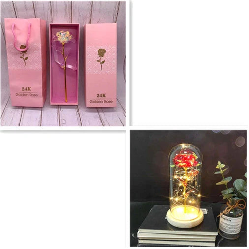 A luxurious 24K gold-plated rose flower bouquet set with a gift box and tote bag