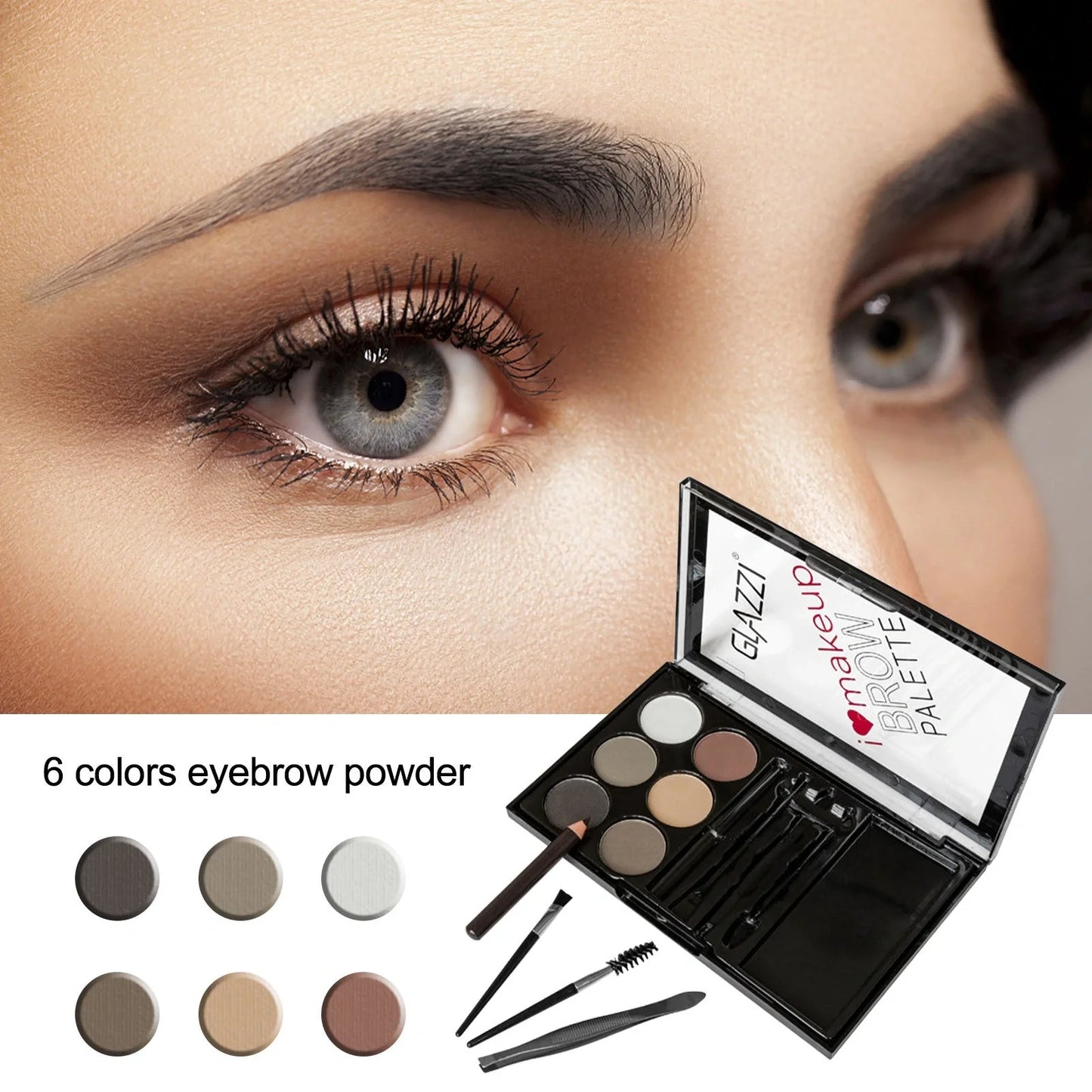 GLAZZI Natural Brown Eyebrow Powder Palette with brush and stencils