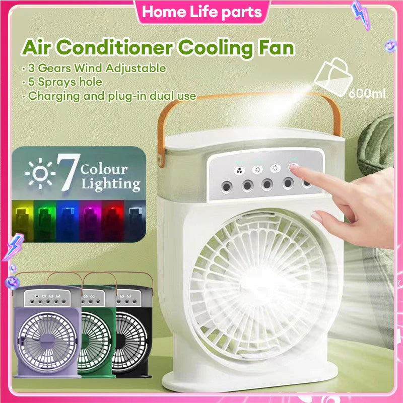 Compact USB-powered evaporative air cooler with 7-color mood lighting, portable design, and powerful fan for personal climate control
