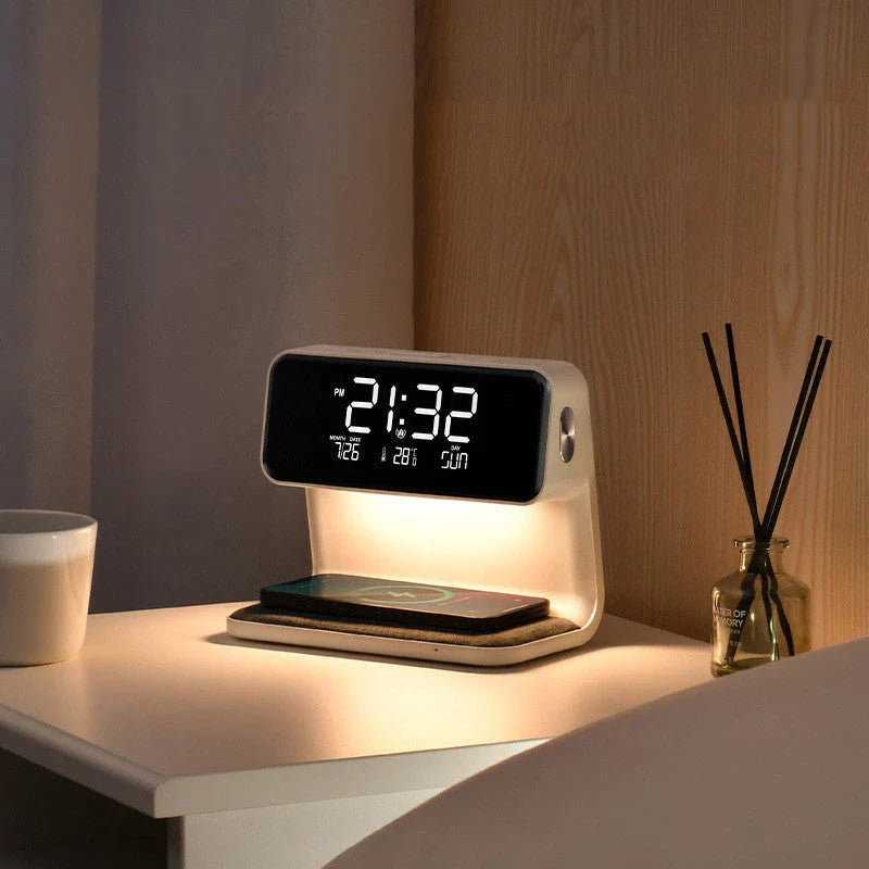 3-in-1 Wireless Charging Bedside Lamp with Adjustable LED Lighting, Alarm Clock, and Wireless Charging Pad