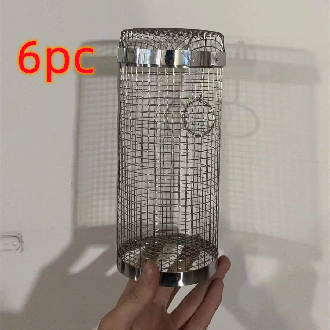 A stainless steel wire mesh grilling basket with a round shape, designed for versatile outdoor cooking and barbecue.