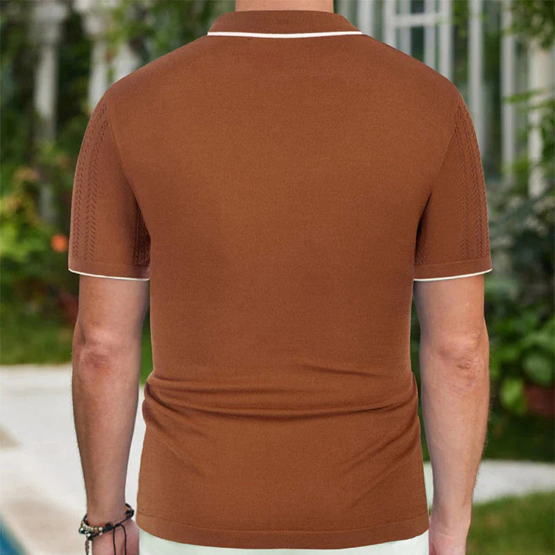 Stylish short-sleeved polo shirt with unique flocked design, available in a variety of rich colors for versatile summer style