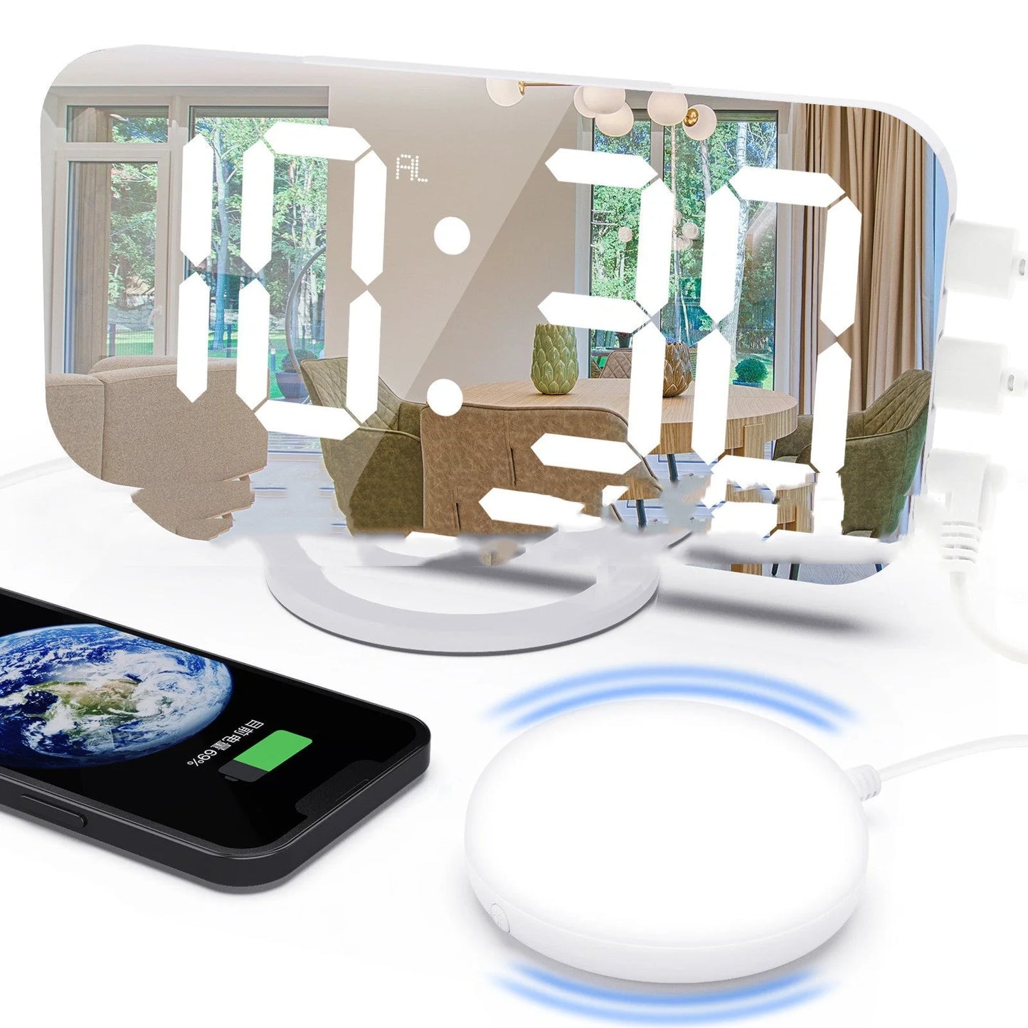 Digital mirror clock with LED display and dual USB ports on a desk