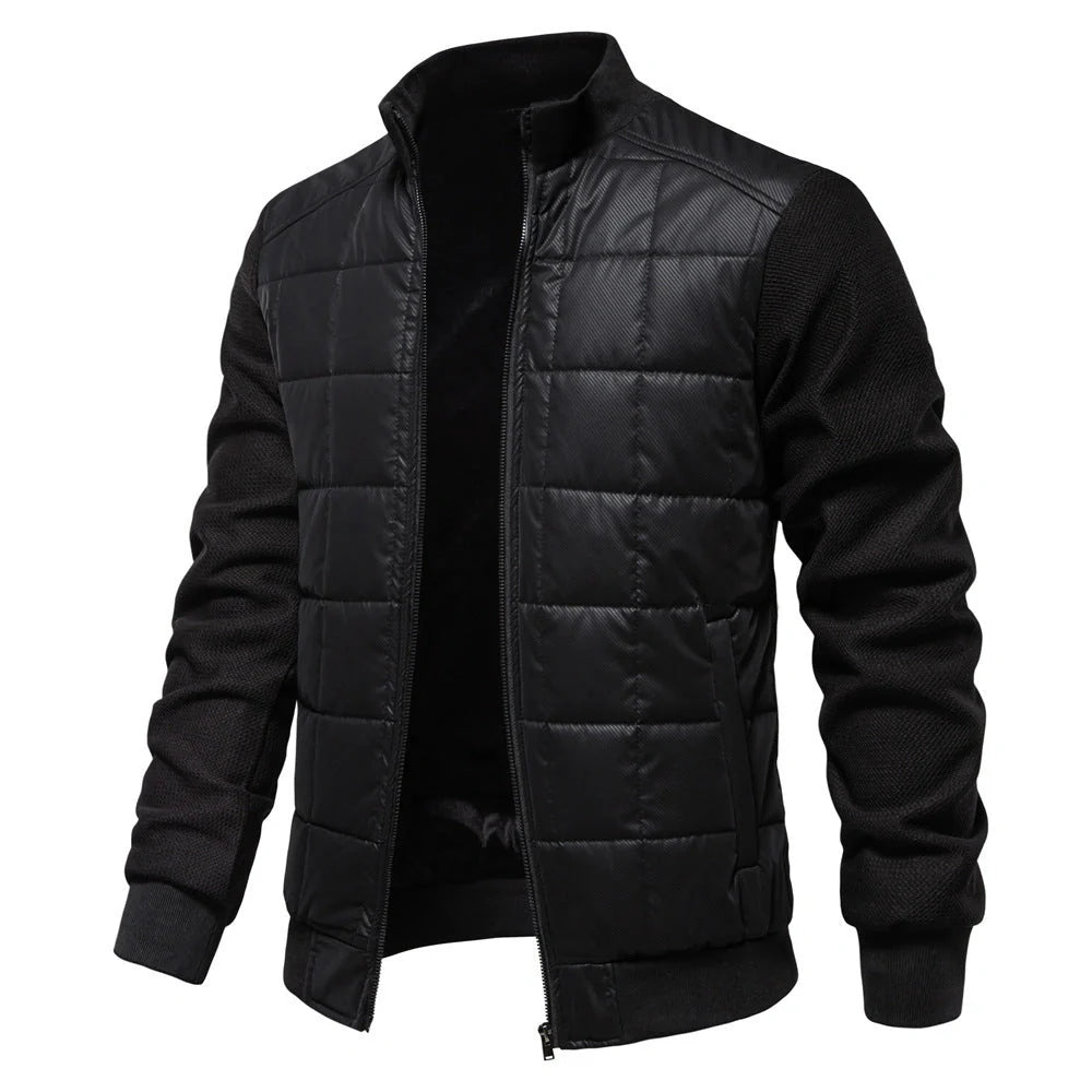Stylish men's winter jacket with unique stitching design, stand collar, and variety of classic colours