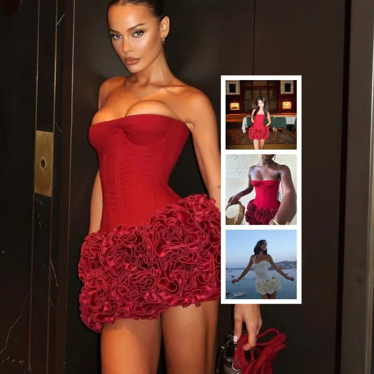 Adjustable tube top ball gown mini dress in various colours, featuring a ruffled skirt and premium cotton construction