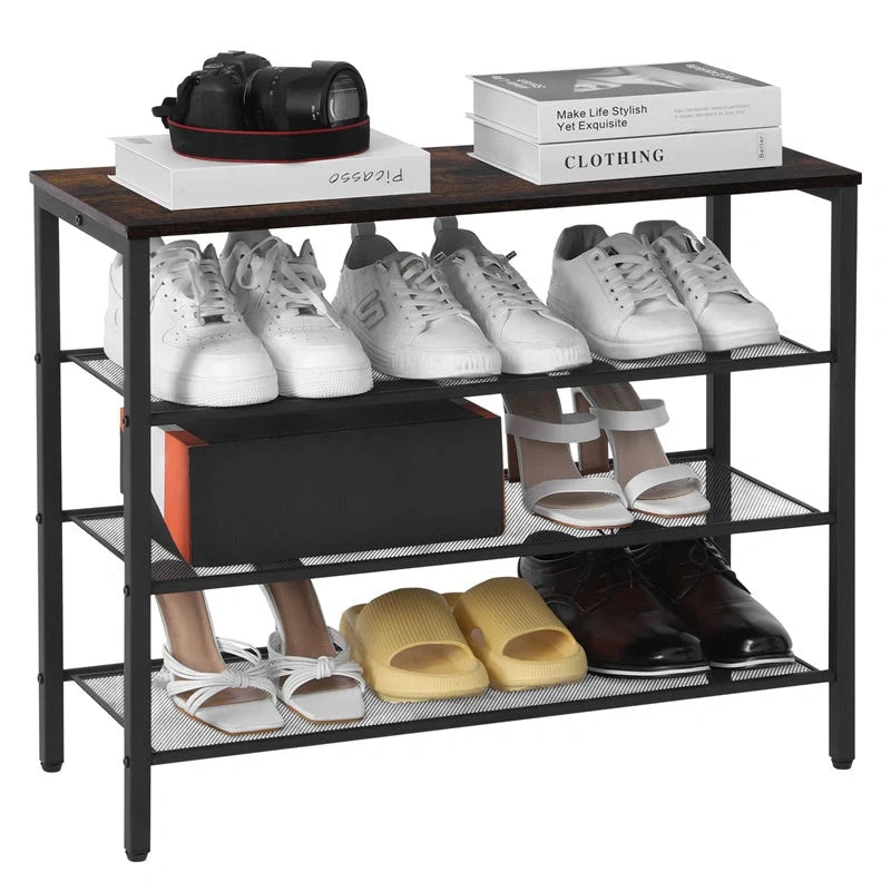 4-tier rustic wooden shoe rack with coat hook and grid design for hallway storage