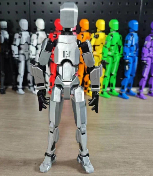 Poseable 3D-printed transforming robot action figure toy in various bright colors