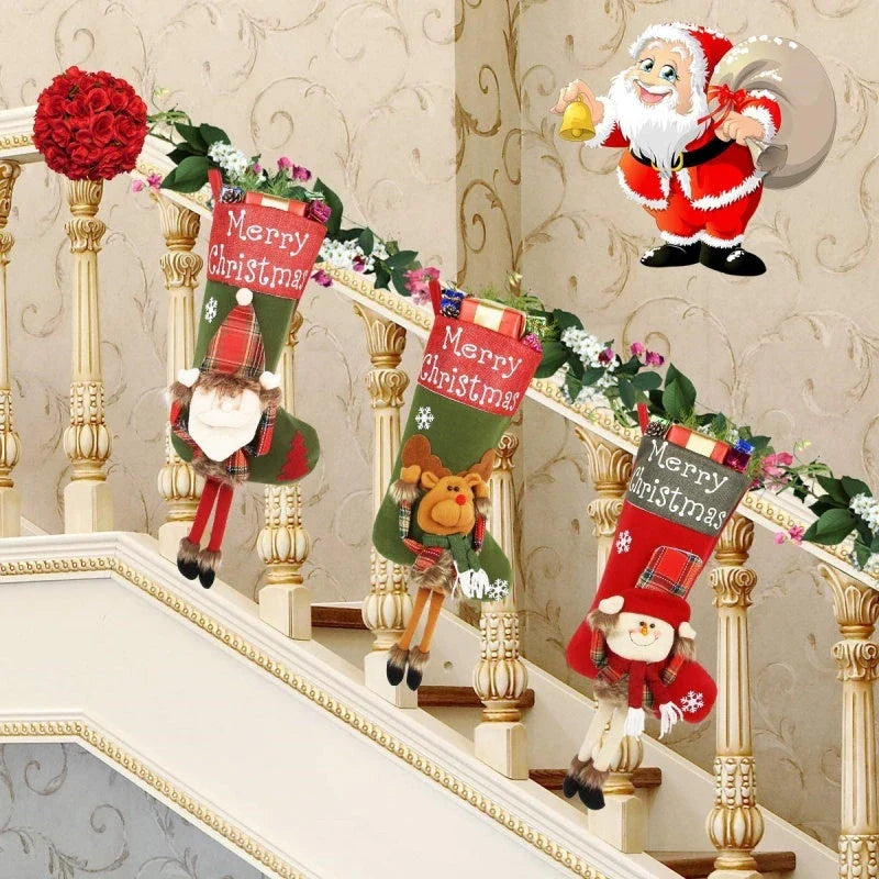 Extra-large Christmas stockings with 3D applique designs of Santa, Snowman, and Reindeer
