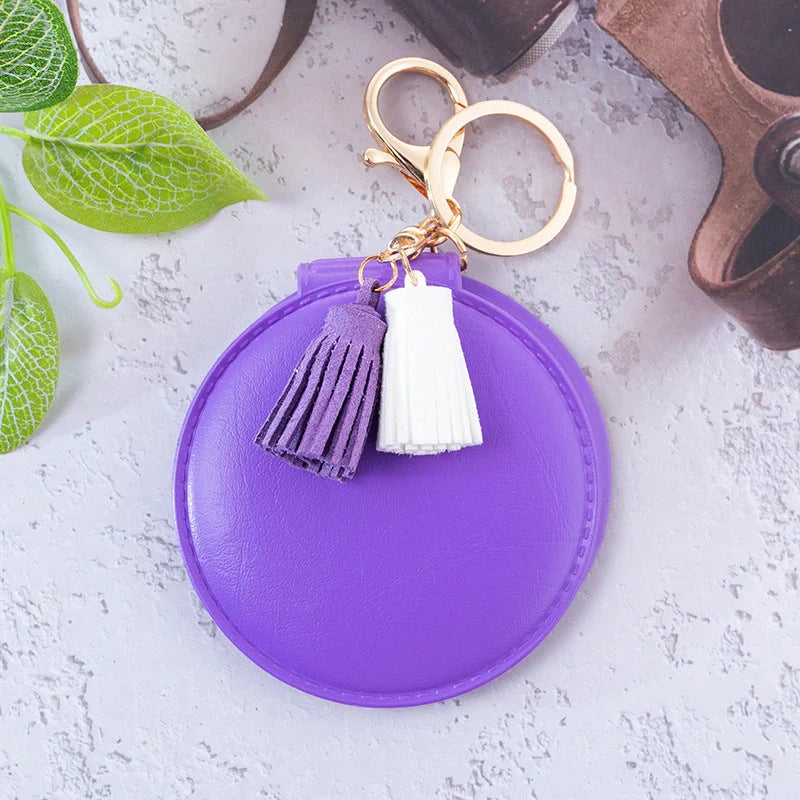 Mini round PU leather small mirror with lovely tassel in various colours