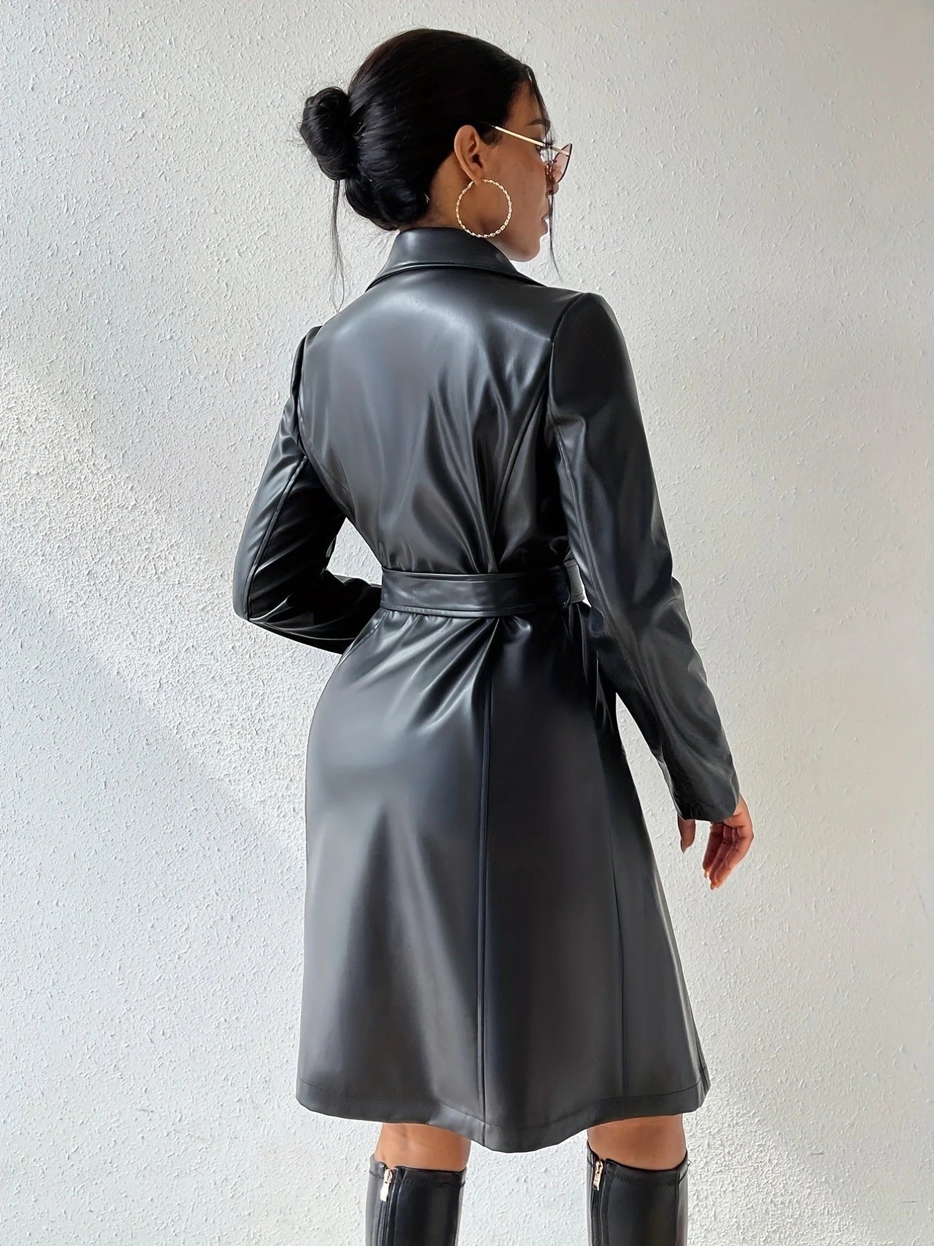 Stylish slim-fit PU leather trench coat for women in various colours, including black, brown, rose red, and wine red.