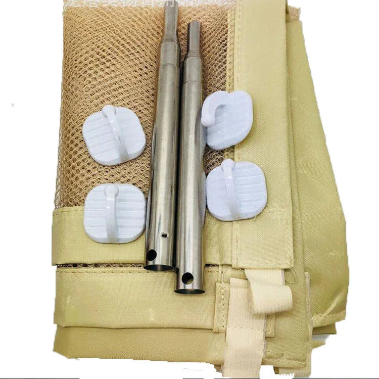 Versatile foldable pet safety barrier made of durable mesh fabric and stainless steel for use in doorways, walls, and stairs