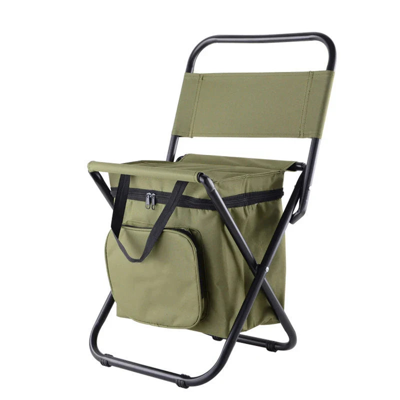 Portable foldable fishing chair with built-in refrigerator for keeping drinks and snacks chilled during outdoor activities
