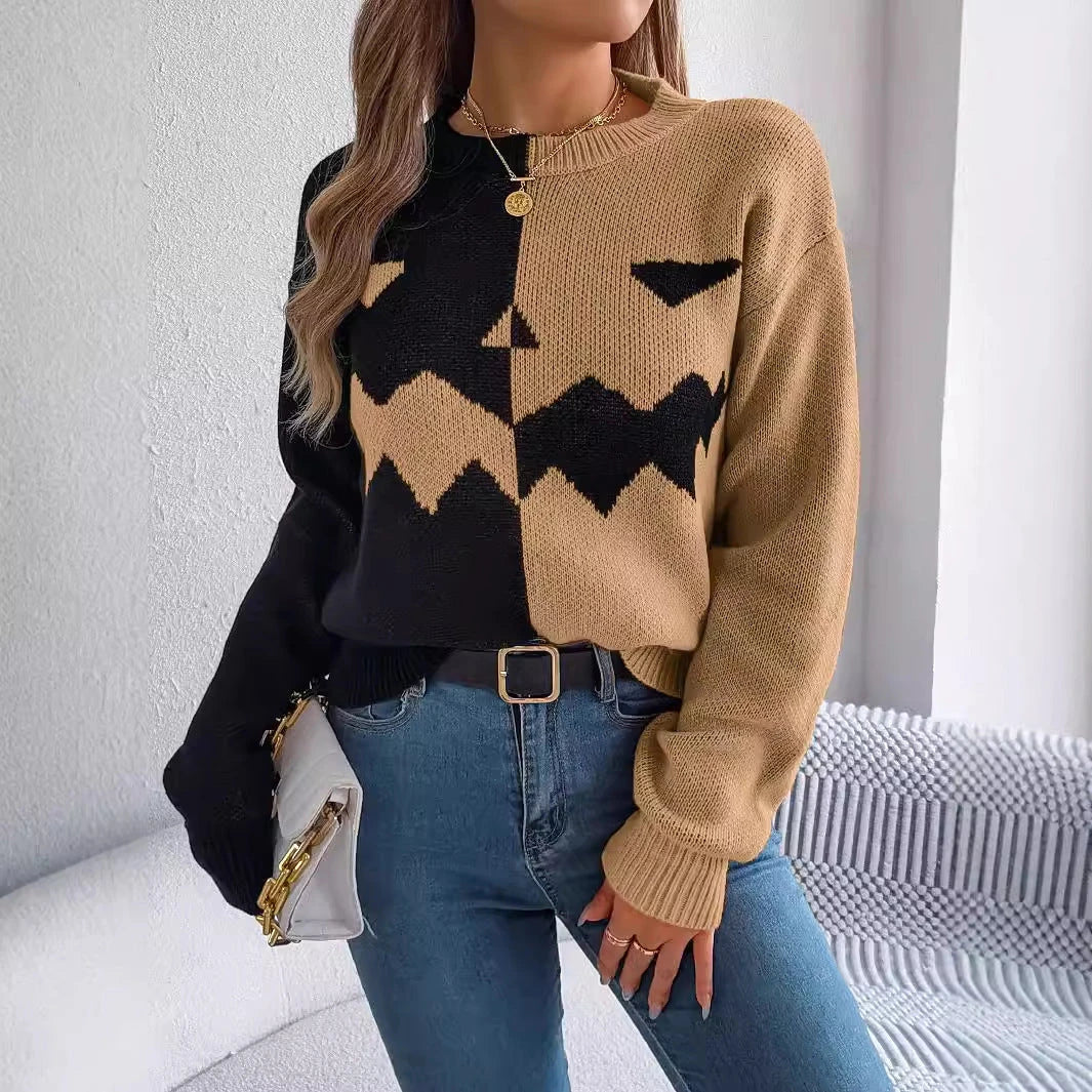 A stylish Halloween pullover sweater with a ghost motif, available in a variety of vibrant colors and sizes.