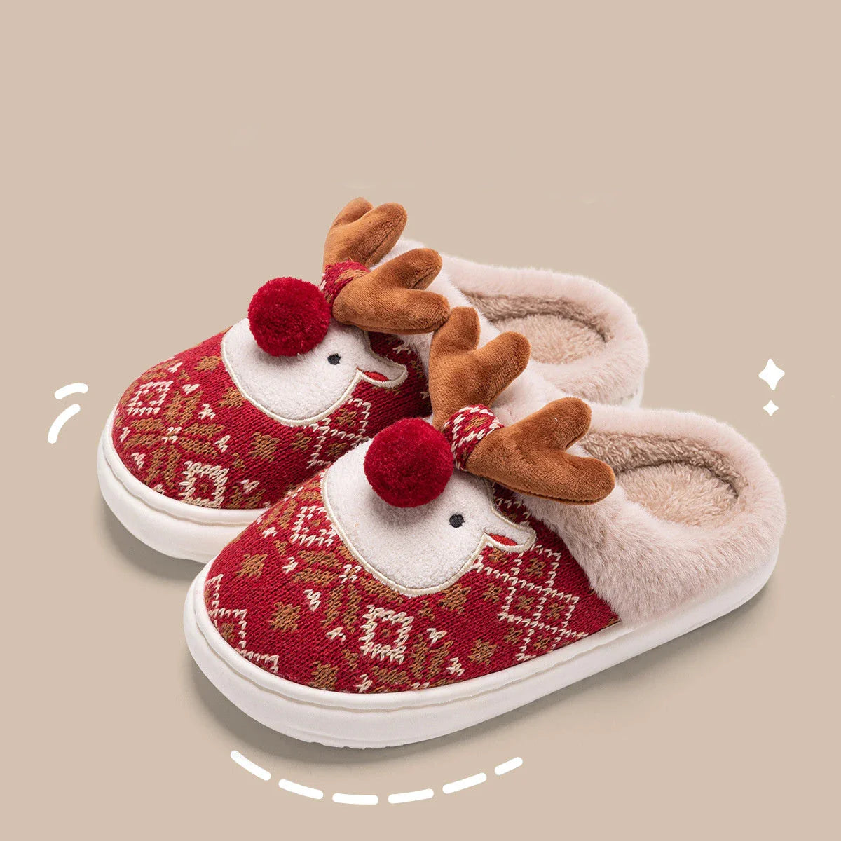 Cozy and festive plush elk-themed slippers in Christmas green and red colors