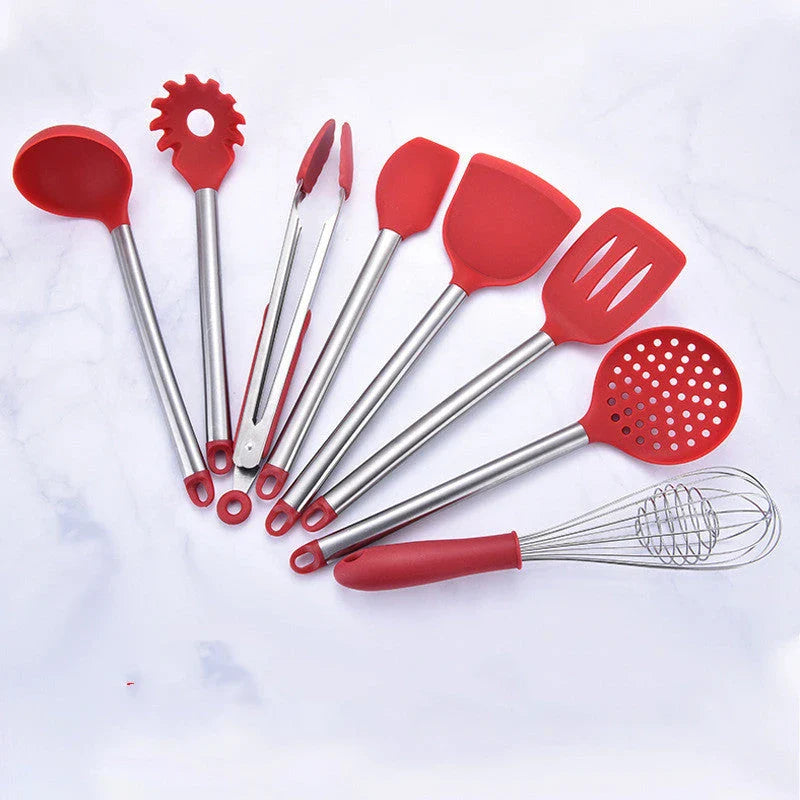 Premium silicone kitchen tool set with stainless steel handles, including various cooking and baking utensils
