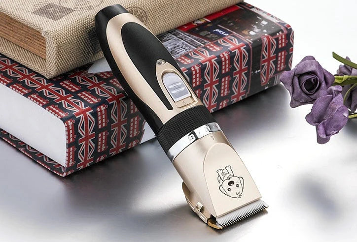Professional pet grooming clippers with titanium ceramic blades and adjustable settings