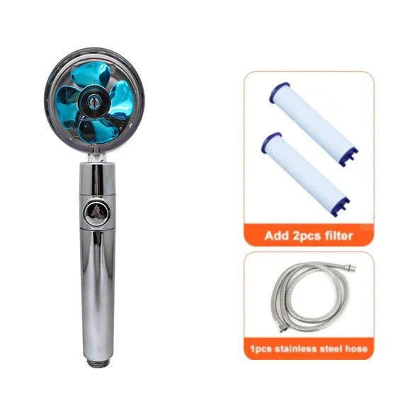 360-degree rotating high-pressure shower head with built-in fan and adjustable water spray